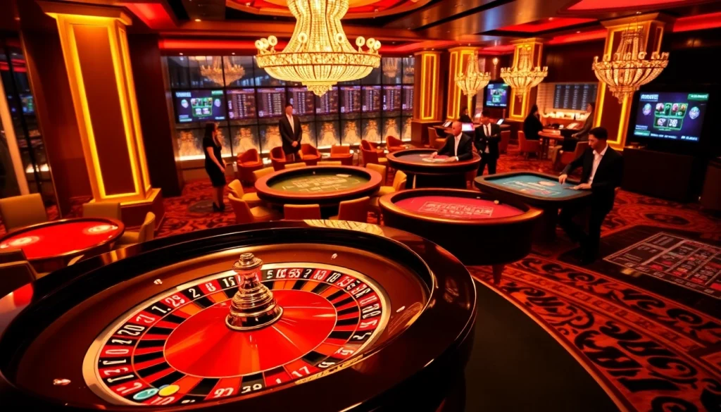 Players enjoying high-stakes games at https://23wini.online's vibrant casino scene, featuring roulette and blackjack.