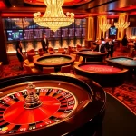 Players enjoying high-stakes games at https://23wini.online's vibrant casino scene, featuring roulette and blackjack.