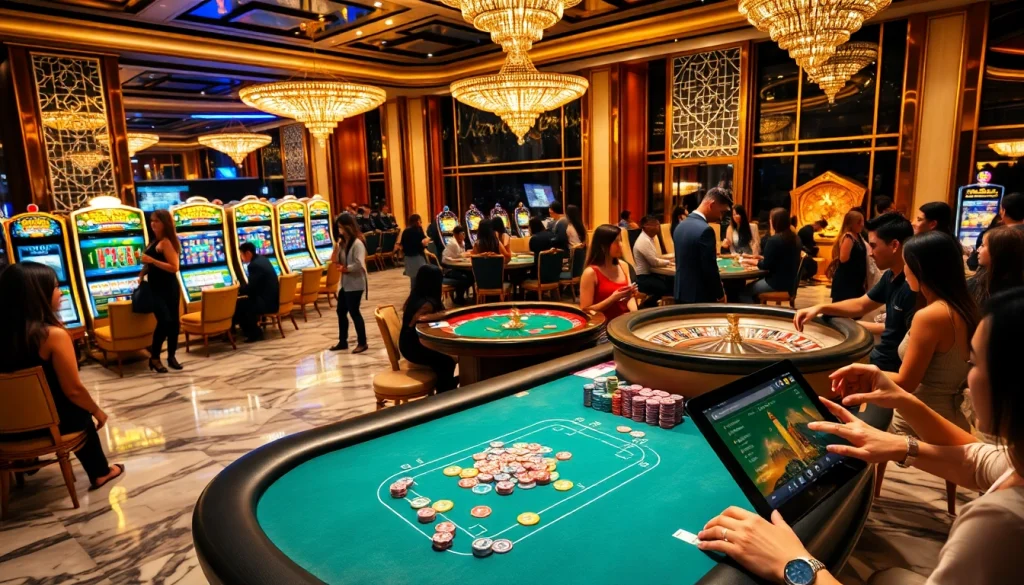 Exciting scene at a casino featuring bk888 gaming tables, vibrant chips, and players engaged in poker.