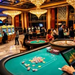 Exciting scene at a casino featuring bk888 gaming tables, vibrant chips, and players engaged in poker.