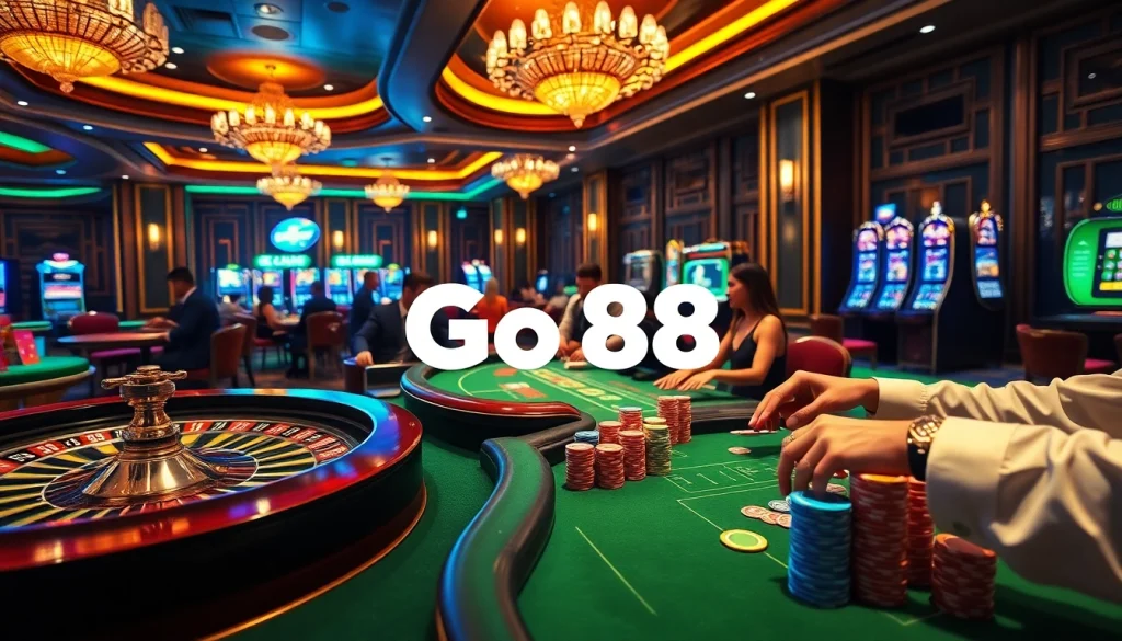 Go88 players enjoying vibrant casino gaming with roulette, poker tables, and slot machines.