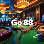 Go88 players enjoying vibrant casino gaming with roulette, poker tables, and slot machines.