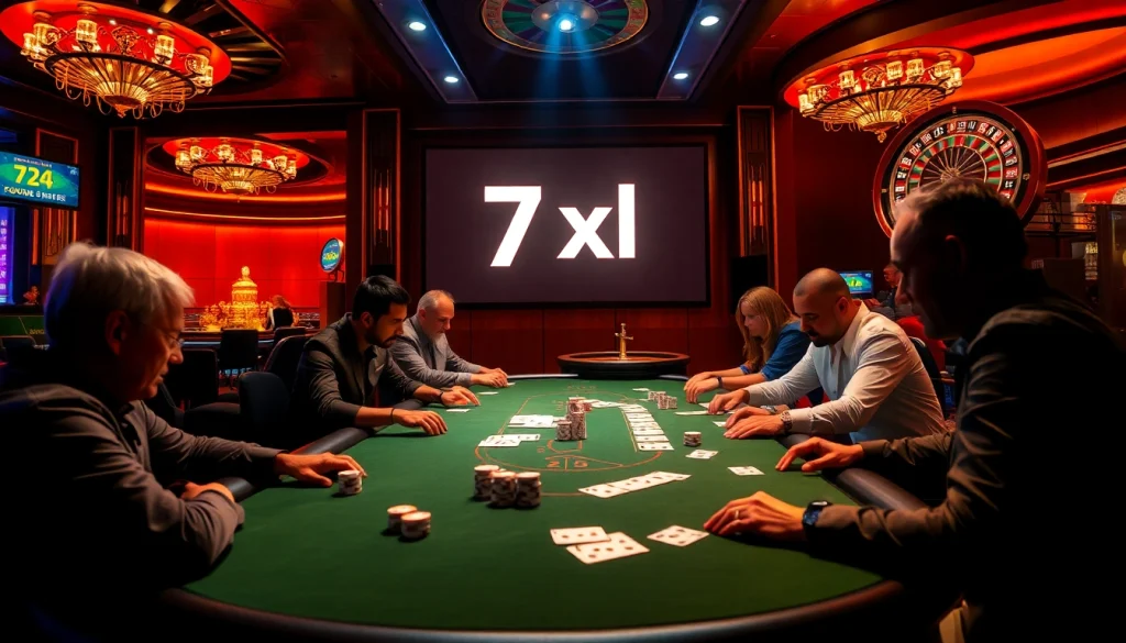 להורדת 7xl: אווירה מרגשת בקזינו עם אלמנטים של פוקר ורולטה בסצנה תוססת.