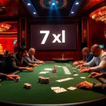 להורדת 7xl: אווירה מרגשת בקזינו עם אלמנטים של פוקר ורולטה בסצנה תוססת.