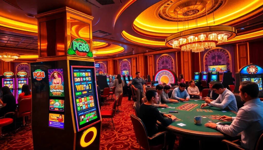 Experience pg88 win excitement at a modern casino with vibrant slot machines and roulette.