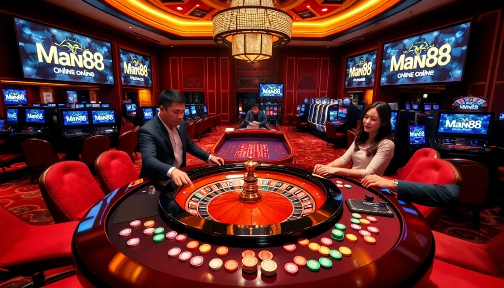 Man88 casino scene showcasing players at a roulette table, embodying excitement and luxury.