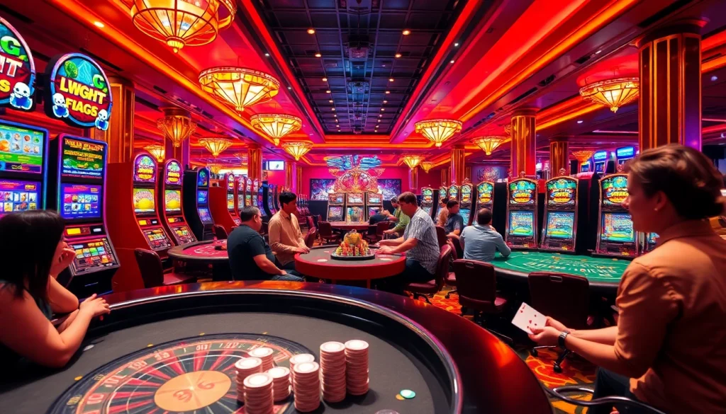 Excited players enjoying various games at mk8 casino, showcasing slot machines, poker chips, and table games.