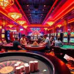 Excited players enjoying various games at mk8 casino, showcasing slot machines, poker chips, and table games.