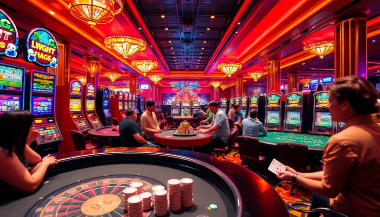 Excited players enjoying various games at mk8 casino, showcasing slot machines, poker chips, and table games.