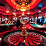 RR88 Casino scene showcasing roulette, poker chips, and vibrant players in an elegant setting.
