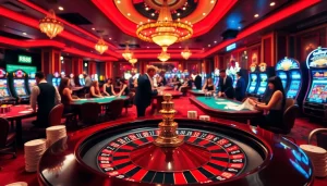 RR88 Casino scene showcasing roulette, poker chips, and vibrant players in an elegant setting.