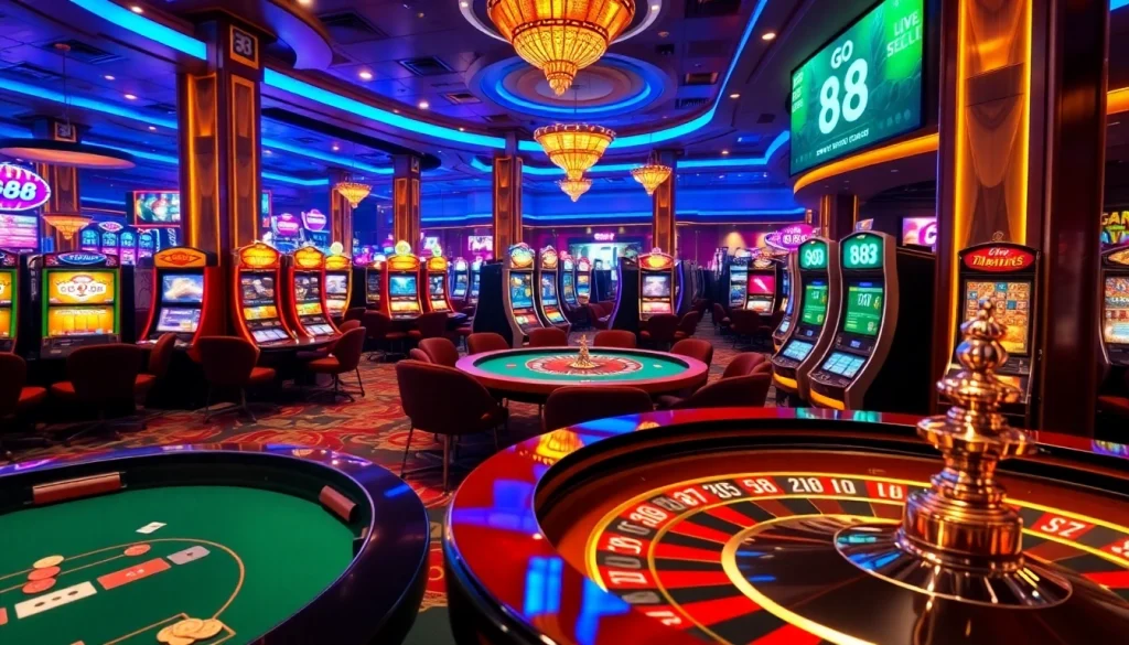 Engaging Go 88 casino gaming scene with roulette, poker, and slot machines.