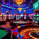 Engaging Go 88 casino gaming scene with roulette, poker, and slot machines.