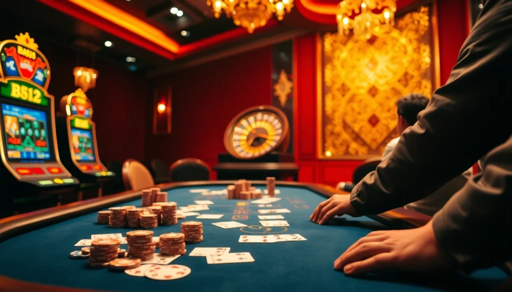 Engaged players at a B52-themed casino table enjoy an exciting game of poker chips and cards.