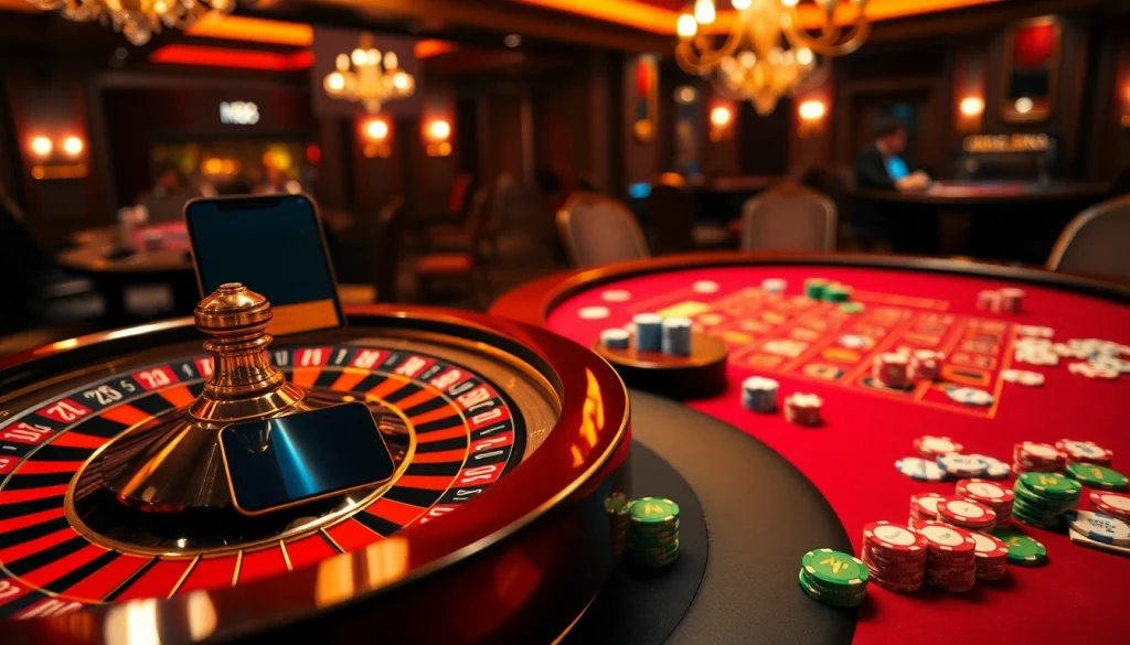 M88 casino experience with roulette, poker, and vibrant chips in an elegant setting.