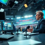 Engaging sports broadcasting scene showcasing live analytics and vibrant studio atmosphere.