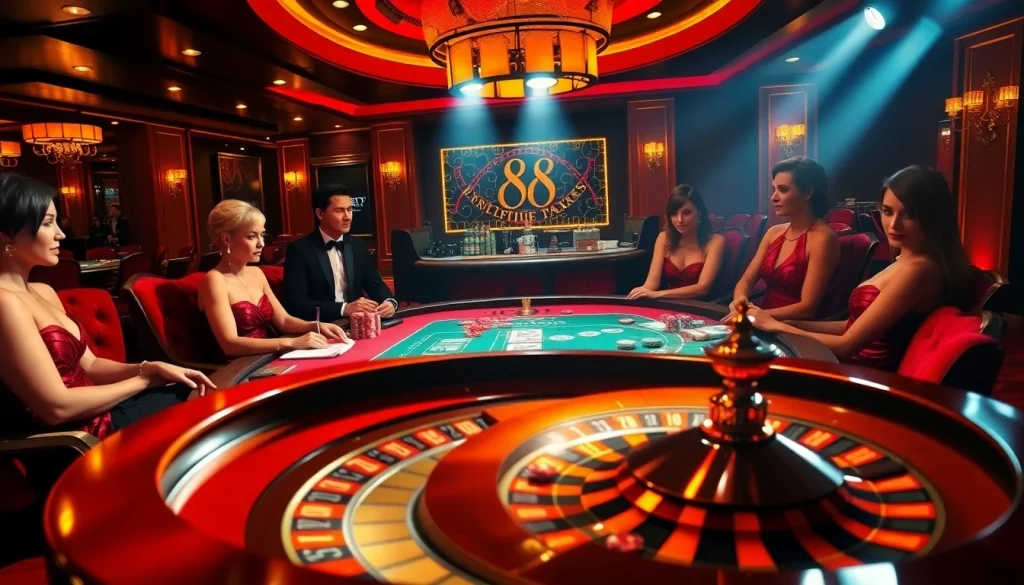 High-stakes poker table with TR88 cards and chips in a luxurious casino setting.