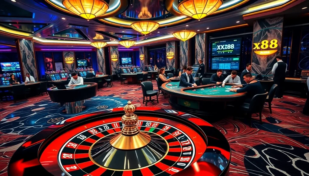 Players engaging in high-stakes poker while betting on XX88 in a luxurious casino setting.