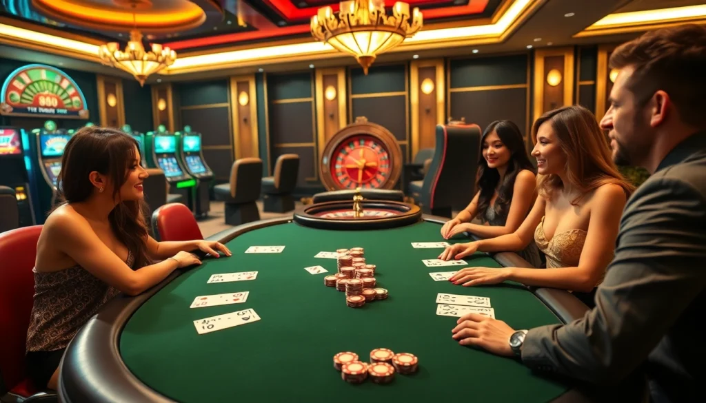 88i players at an elegant poker table celebrating wins, featuring high-quality cards and chips in a luxurious casino atmosphere.