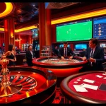 Exciting scene of แทงบอล action with vibrant casino tables and sports betting visuals.