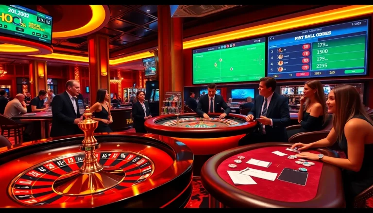 Exciting scene of แทงบอล action with vibrant casino tables and sports betting visuals.