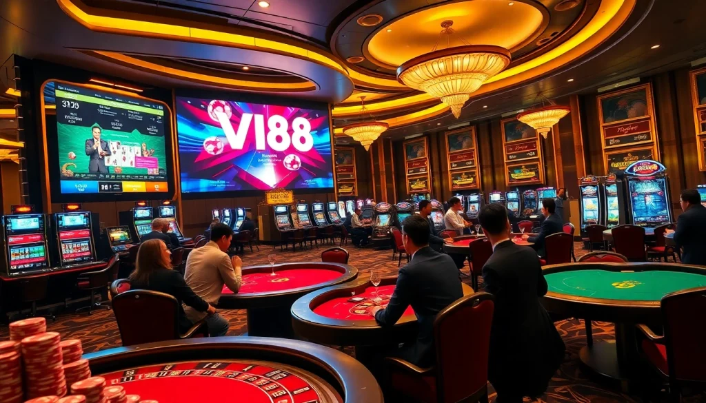 Experience the excitement of vn88 online gambling with vibrant casino visuals featuring games and players.
