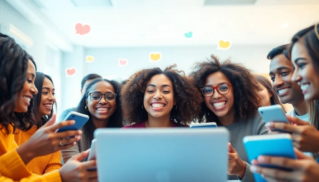 مشهد جذاب لمجموعة من الأفراد المتنوعين وهم يستمتعون بشات دردشتي، يعرض تفاعلات رقمية حية واتصالات.