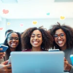مشهد جذاب لمجموعة من الأفراد المتنوعين وهم يستمتعون بشات دردشتي، يعرض تفاعلات رقمية حية واتصالات.