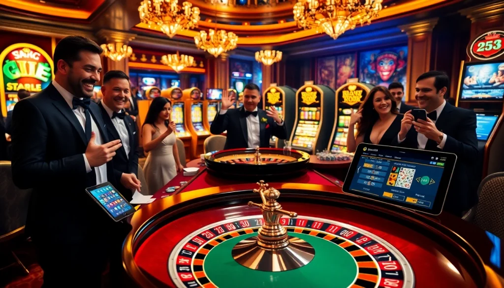 Thrilling casino action at king33.io with roulette, poker chips, and excited players.