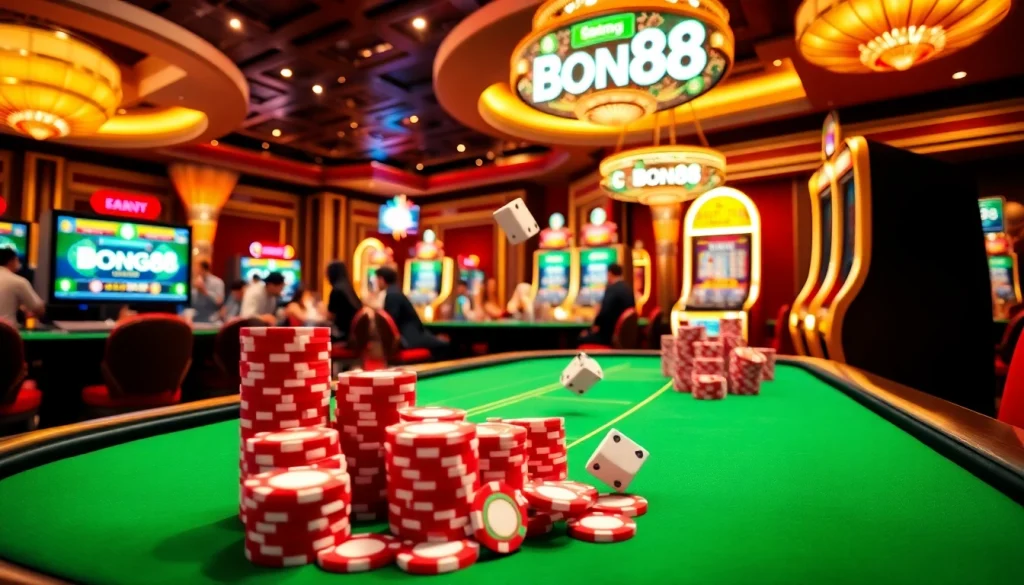 Bong88 gaming table with poker chips and slot machines in a luxurious casino atmosphere.
