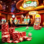 Bong88 gaming table with poker chips and slot machines in a luxurious casino atmosphere.