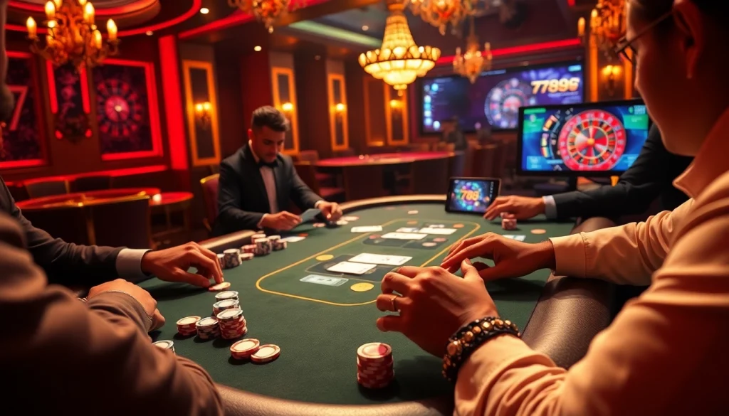 Players strategizing at a poker table in a vibrant casino scene representing 789f, showcasing excitement and professionalism.