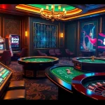 8xbet virtual casino experience with poker tables, slot machines, and roulette wheels in an elegant setting.