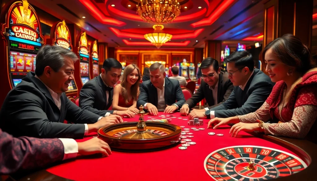 Engaging players at a plush poker table enjoying the game bài ee88 in a lively casino setting.