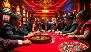 Engaging players at a plush poker table enjoying the game bài ee88 in a lively casino setting.