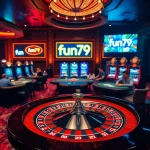 Exciting casino scene featuring players at poker tables, highlighting fun79 in gameplay.