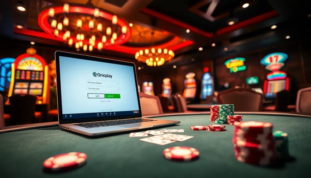 Engaging players at Onicplay login amid a vibrant casino atmosphere showcasing poker chips and slot machines.