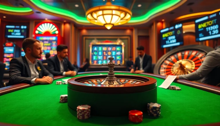Engage in thrilling gaming at http://8kbetok.com/ with a luxurious poker table and modern slot machines.
