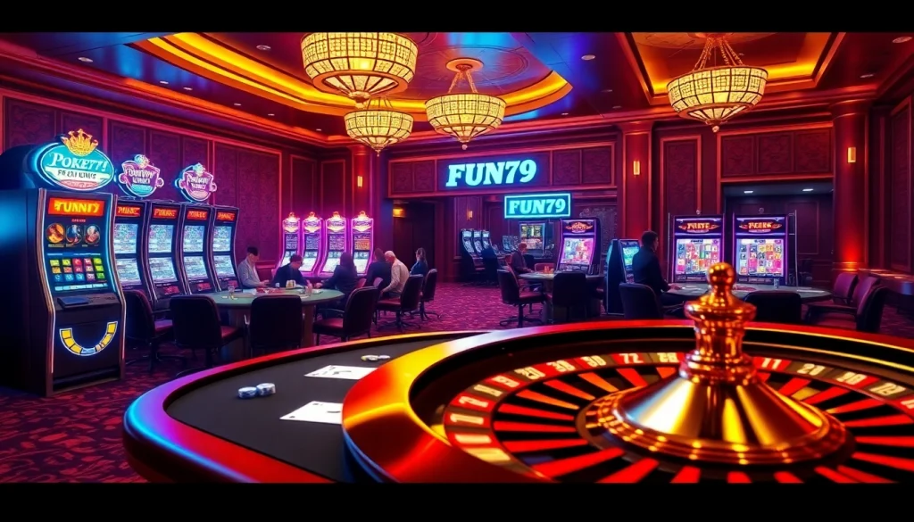 Experience the thrill of FUN79 at a luxurious casino, where high-stakes poker and vibrant slot machines captivate gamblers.