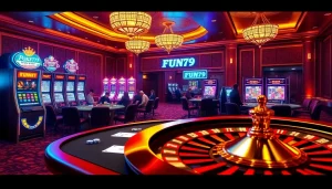 Experience the thrill of FUN79 at a luxurious casino, where high-stakes poker and vibrant slot machines captivate gamblers.