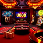 The U888 online casino interface showcases vibrant slot machines and poker chips in an elegant gaming atmosphere.