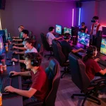Friends playing adult games in a vibrant gaming lounge, showcasing an engaging and lively atmosphere.