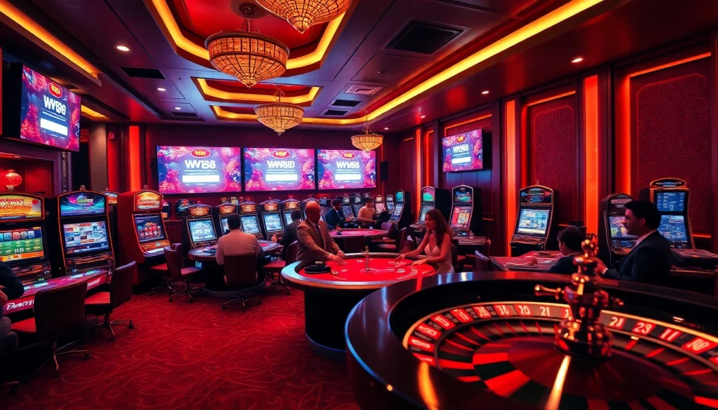Experience the excitement of WW88 đăng nhập with players engaged at a luxurious casino scene featuring vibrant slot machines and poker tables.