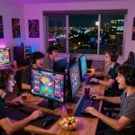Pemain menikmati permainan slot demo dalam pengaturan gaming yang nyaman dengan grafik yang cerah dan camilan.