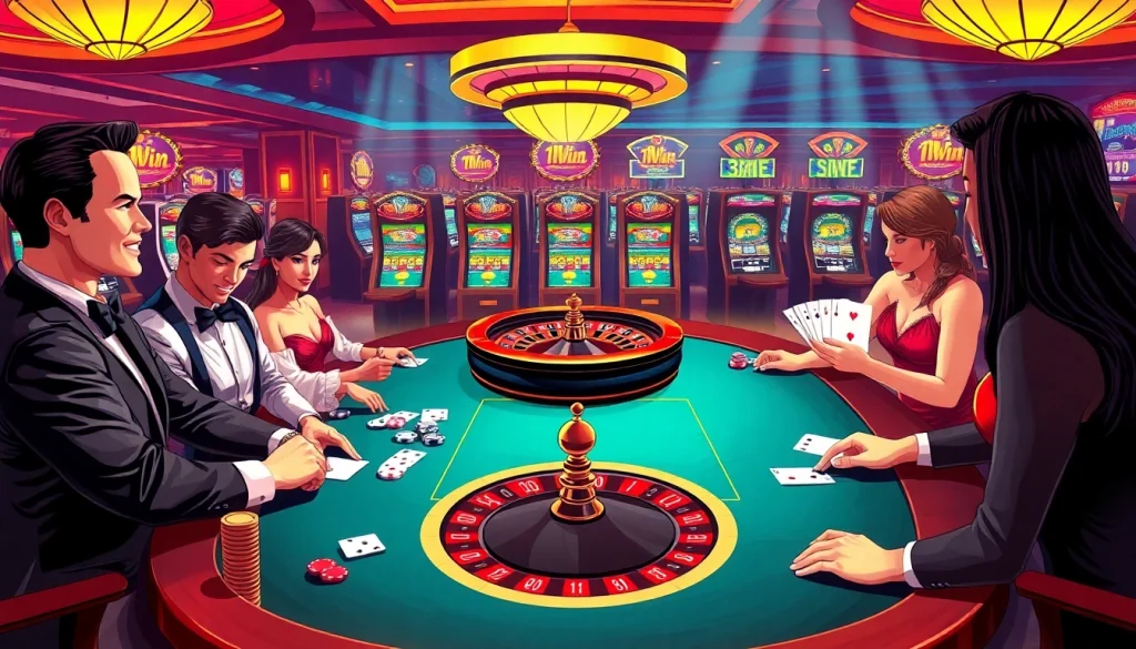 Iwin casino scene with elegant poker tables, vibrant roulette wheel, and glamorous slot machines.