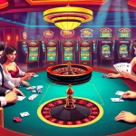 Iwin casino scene with elegant poker tables, vibrant roulette wheel, and glamorous slot machines.