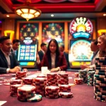 Nohu90 gambling scene showcasing poker chips and a slot machine in a luxurious casino.