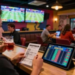 Patrons enjoying sports betting at NET88 lounge, analyzing odds on a tablet with excitement.
