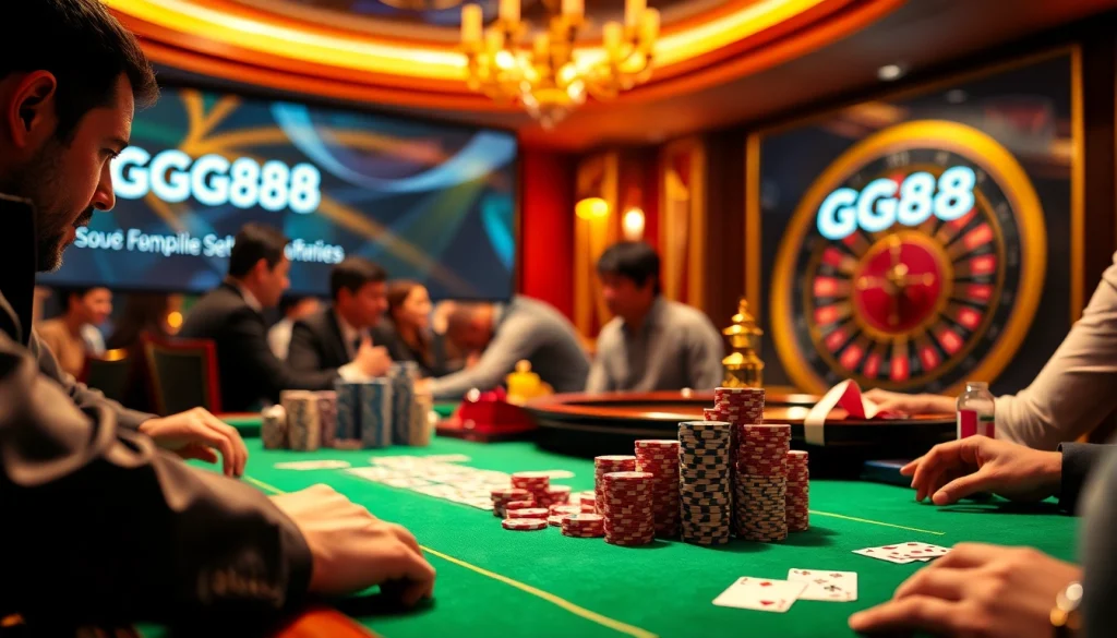 Players enjoying high-stakes poker at GG88 casino, showcasing chips and cards.