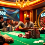 Players enjoying high-stakes poker at GG88 casino, showcasing chips and cards.